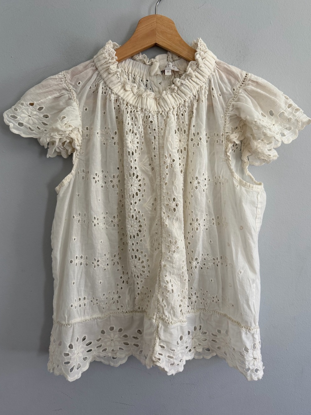 Marea Cotton Eylet Floral Pattern Boho High Neck Flutter Sleeve Top Size M